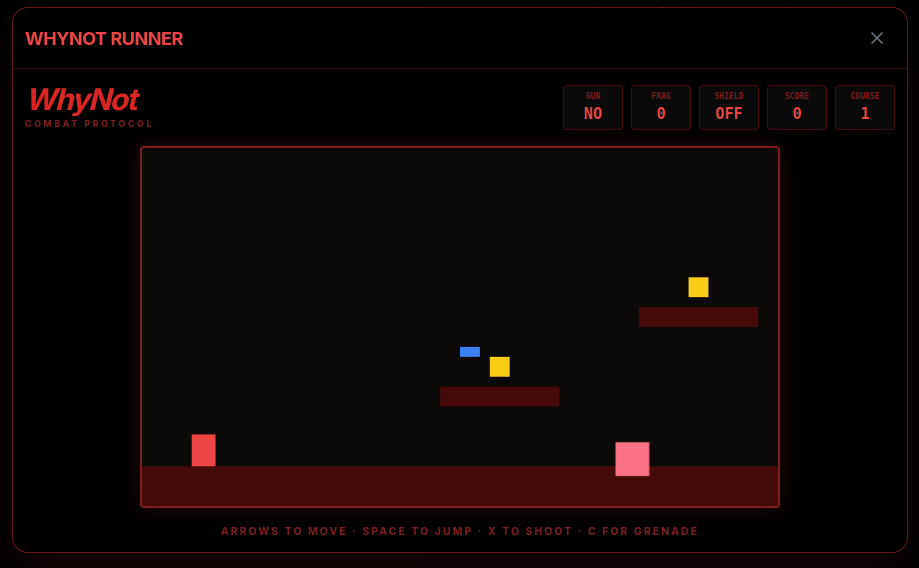 WhyNot Runner – platform combat: A/D to move, W/Space to jump, M to shoot.